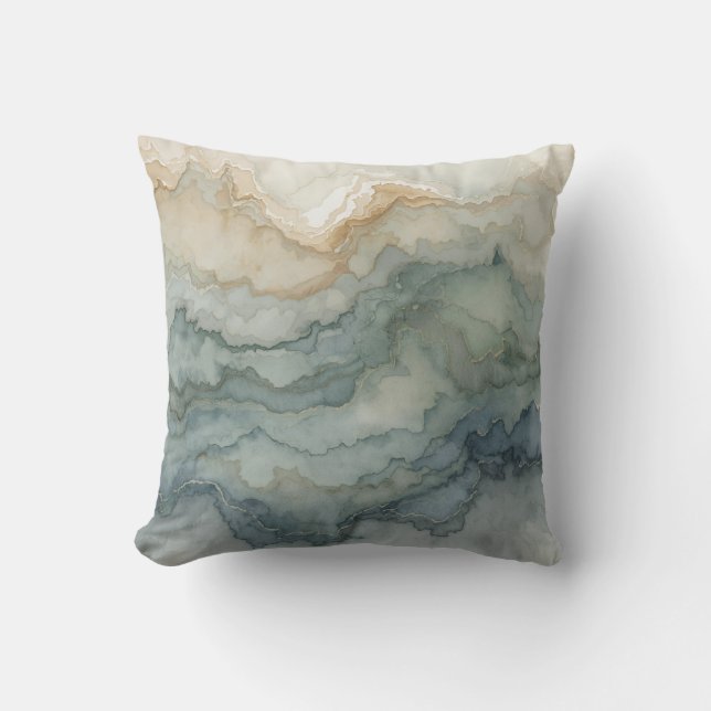 Coussin Vert sauge bleu poussiéreux beige Vagues abstraite (Recto)