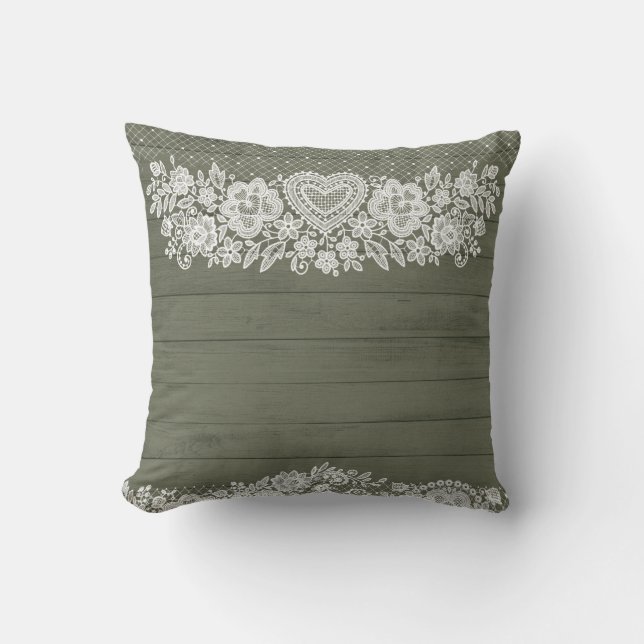 Coussin Vert Sauge Bois Rustique & Dentelle Blanche Fermiè (Recto)