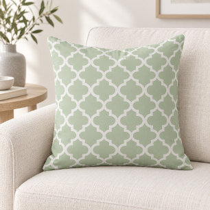 Coussin Vert sauge classique treillis quatrefeuilles blanc