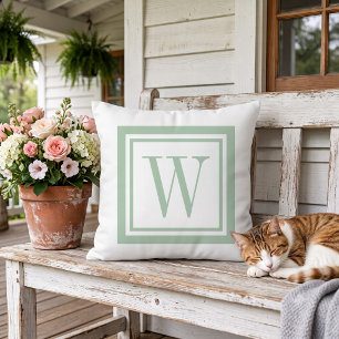 Coussin Vert sauge et monogramme carré classique blanc