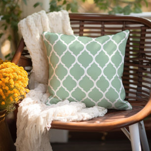 Coussin Vert sauge et motif marocain blanc