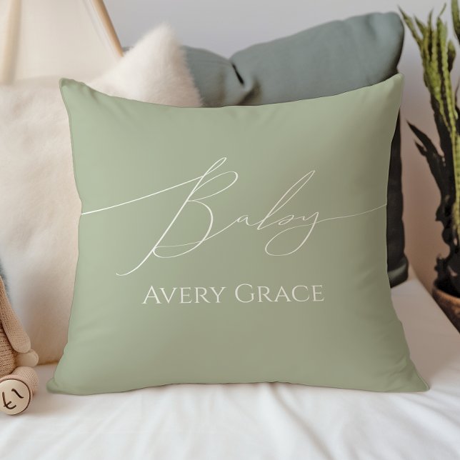 Coussin Vert Sauge Fantaisiste Avec Prénom de Bébé (Créateur téléchargé)