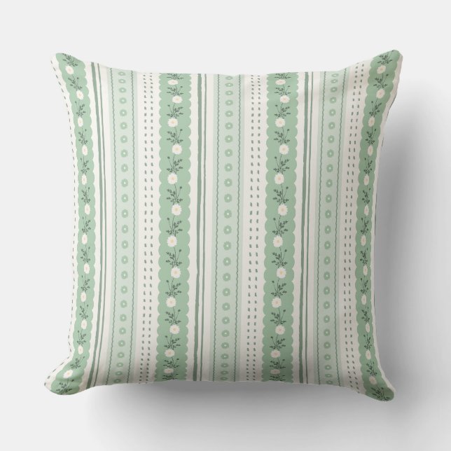 Coussin Vert sauge feston vigne & rayure florale (Recto)