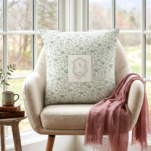 Coussin Vert sauge floral toile de Jouy vintage monogramme