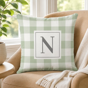 Coussin Vert sauge Gingham Vérifié Monogramme Initiale