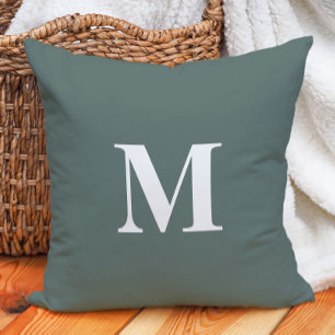 Coussin Vert sauge profond monogramme blanc