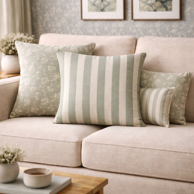 Coussin Vert Sauge Rustique Neutre Rayure Maison de Campag (Créateur téléchargé)