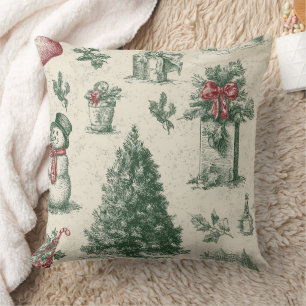 Coussin Vert sauge vintage Noël Toile de Jouy (1)