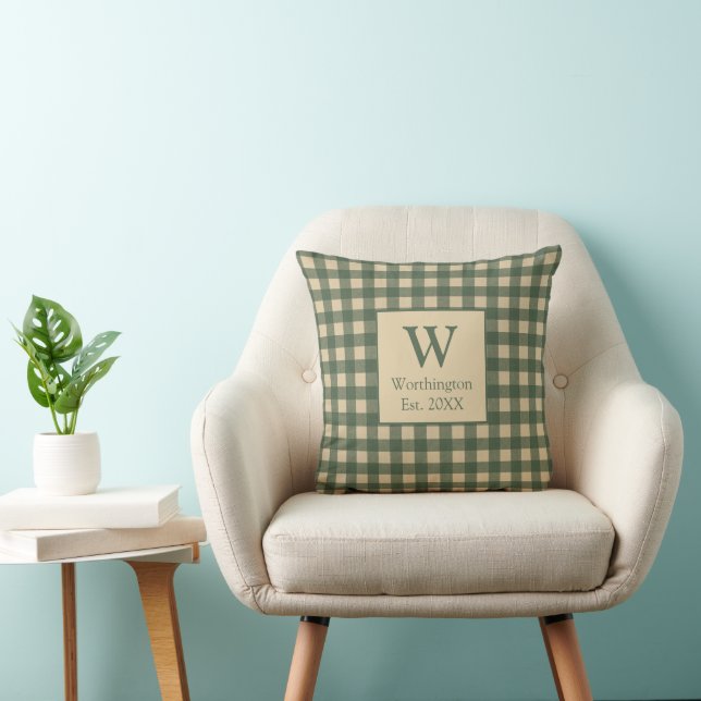 Coussin Vert Tanné Beige Monogramme Plaid Country  (Chaise)