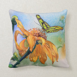 Coussin vert tropical d'aquarelle de papillon