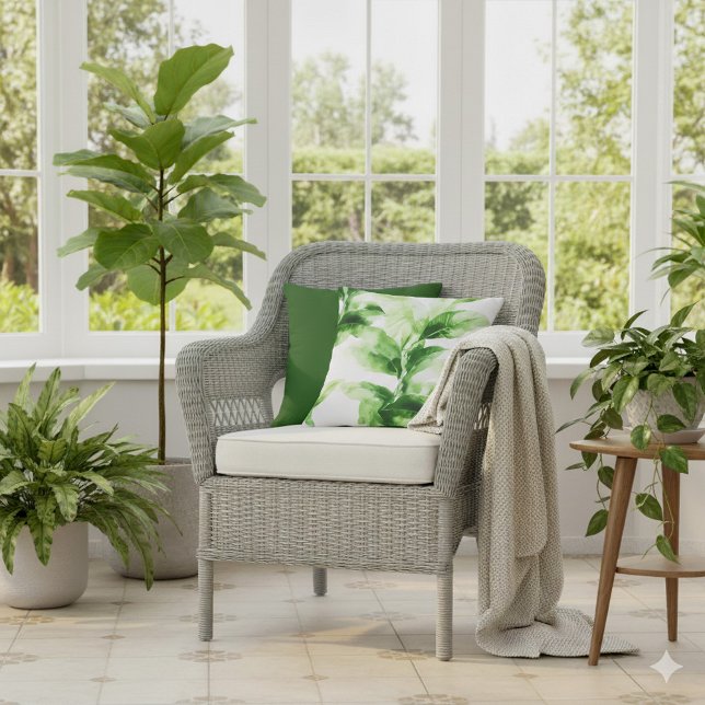 Coussin Vert tropicale Aquarelle botanique Feuille (Green and white bright leafy cushion.)