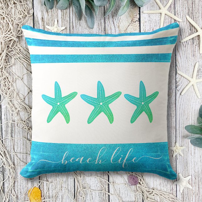 Coussin Vert turquoise 3 étoiles de plage vie script bold (Créateur téléchargé)