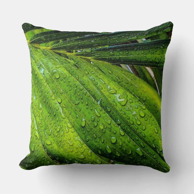 Coussin Verts tropicaux avec gouttes de pluie (Recto)
