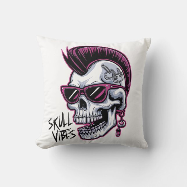 Coussin Vibes de crâne punk. Crâne cool avec lunettes de s (Recto)