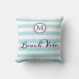 Coussin Vibes de plage Monogramme rayé bleu clair blanc