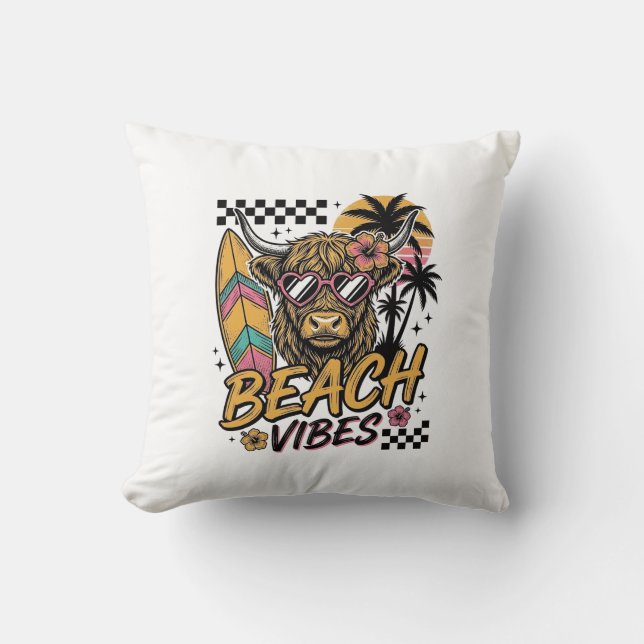 Coussin Vibes de plage vache highland été art vectoriel_1 (Recto)