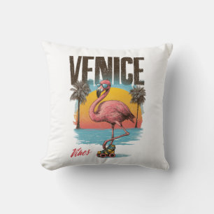 Coussin Vibes de Venise Flamant Rose Rétro Plage Californi
