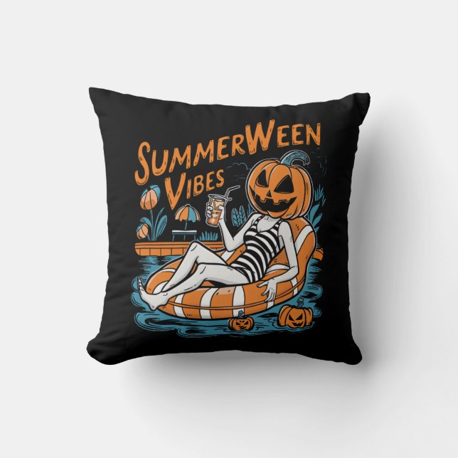 Coussin Vibes d'été Éffrayant Citrouille d'été mignonne (Recto)