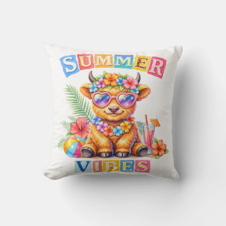 Coussin Vibes d'été Vache des Highlands Plage Tropicale Fl