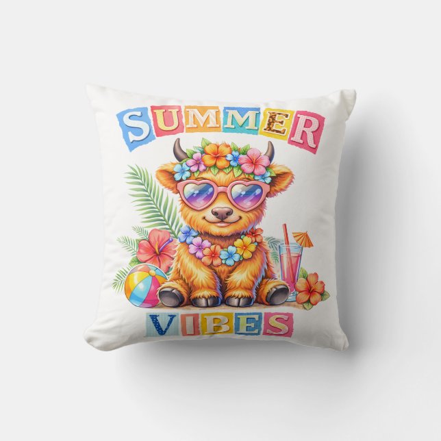 Coussin Vibes d'été Vache des Highlands Plage Tropicale Fl (Recto)