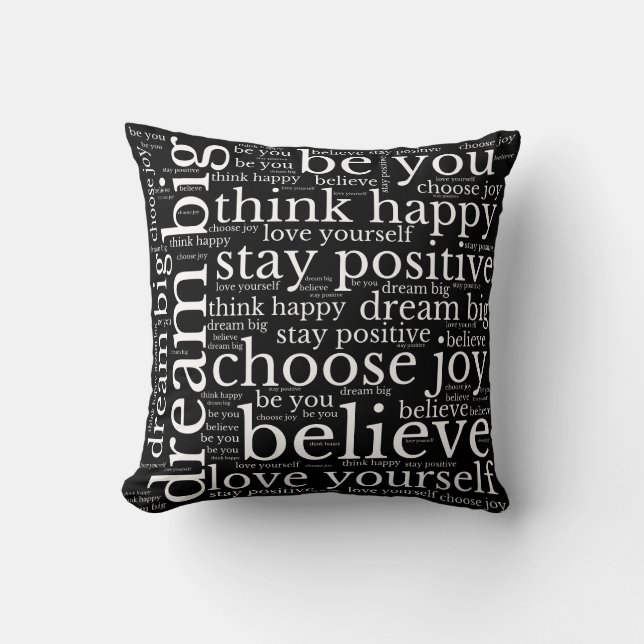 Coussin Vibes positives WordArt Motif Texte blanc noir (Recto)