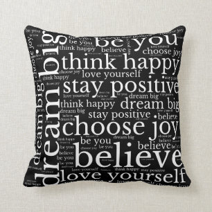 Coussin Vibes positives WordArt Motif texte blanc noir
