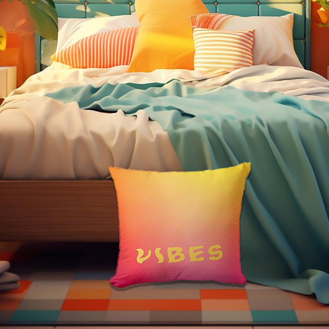 Coussin Vibes soleil rose orange et jaune ombre (Vibrant 'VIBES' Ombre Pink Orange and Yellow Decorative Pillow
)