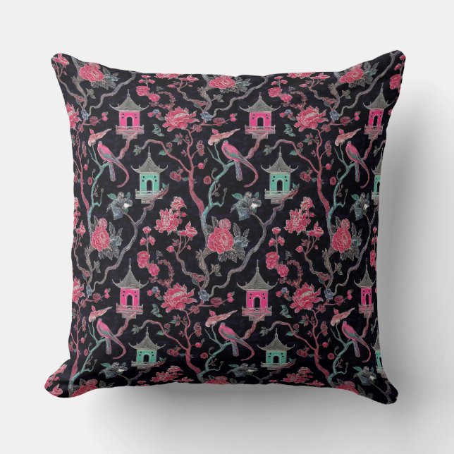 Coussin Vibrant Chinoiserie Pagoda and Birds (Recto)