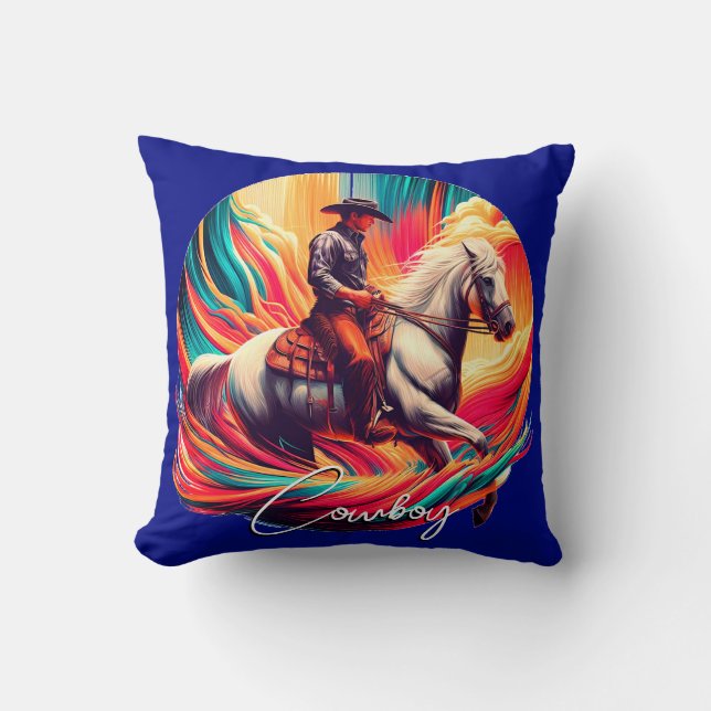 Coussin Vibrant Cowboy et Cheval Bleu (Recto)