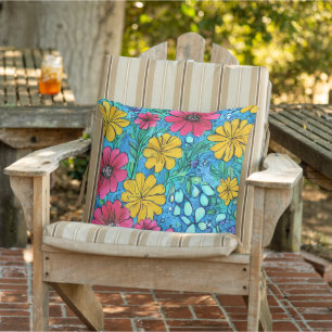 Coussin Vibrant et artistique dessiné à la main floral pou