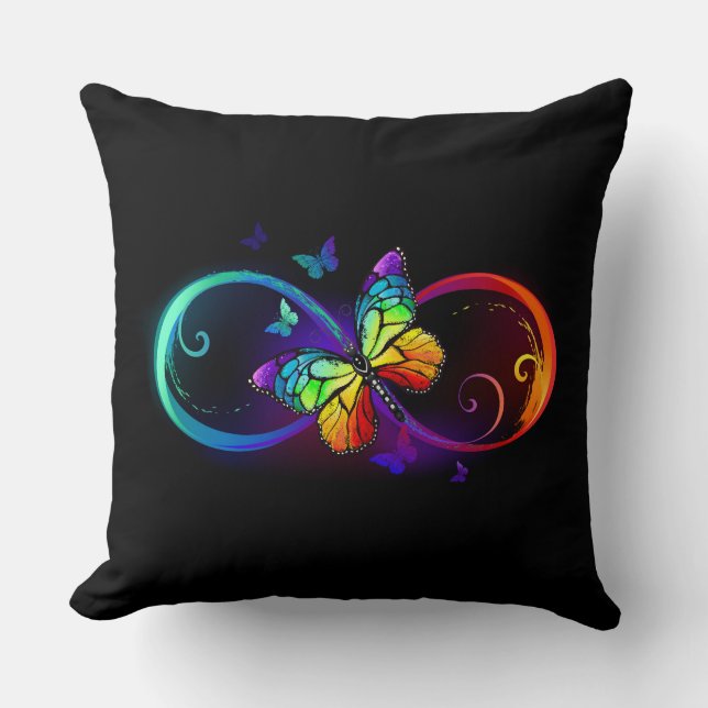 Coussin Vibrant infinity with rainbow butterfly on black (Recto)