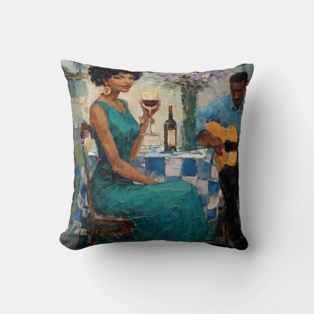 Coussin Vibrant Jazz Woman Teal Bistro Art (Recto)