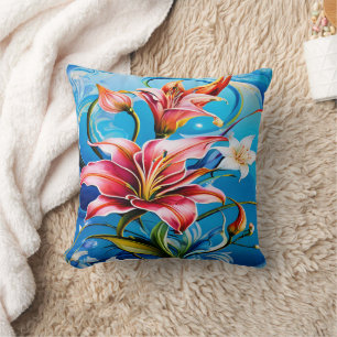 Coussin Vibrant Lily fleurit sur fond bleu