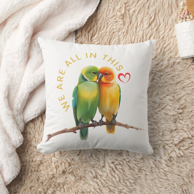 Coussin Vibrant Lovebirds & Hearts Watercolor Illustration (Couverture)