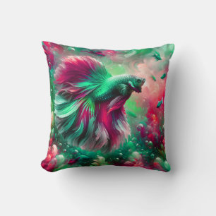 Coussin "Vibrant Rose & Green Betta Fish Art"