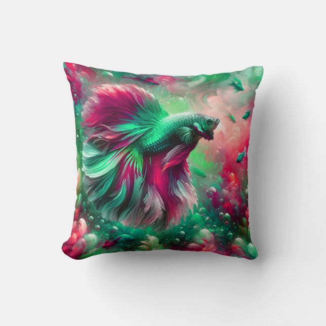 Coussin "Vibrant Rose & Green Betta Fish Art" (Recto)