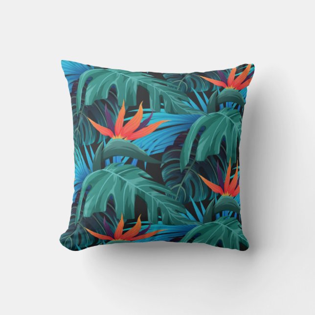 Coussin vibrant tropical leaves and orange flowers (Recto)