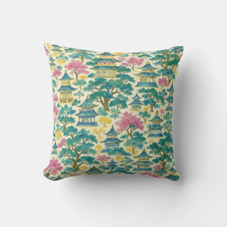 Coussin Vibrant Watercolor Chinoiserie Gold Pagoda Pattern