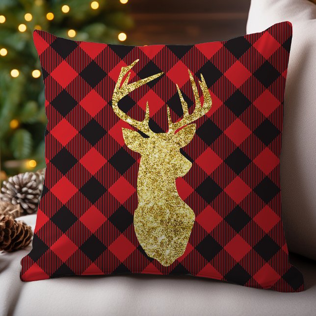 Coussin Vichy de Buffalo et Cerf Doré de Noël (Créateur téléchargé)