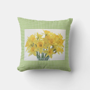 Coussin Vichy Vert avec Fleurs de Narcisses Jaunes Carré