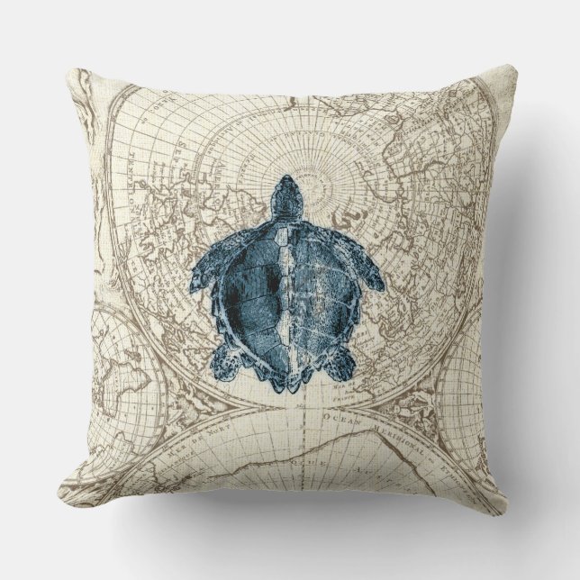 Coussin Vie marine bleue d'illustration de tortue de carte (Recto)