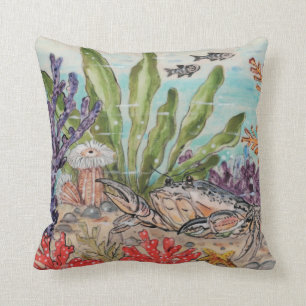 Coussin Vie marine côtière Aqua Corail vert Crabe Poisson