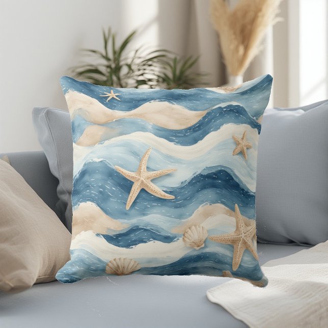 Coussin Vie Océanique Marées Côtières Maison de Plage Mer  (Ocean Life Coastal Tides Beach House Sea Mute Blue Throw Pillow)