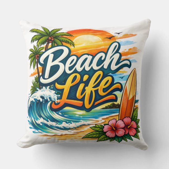 Coussin Vie Plage – Surf au coucher de soleil tropical (Recto)