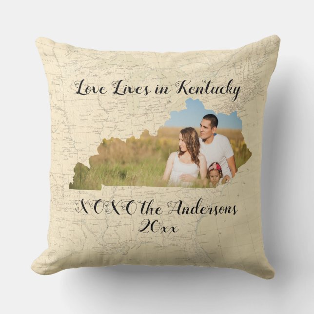 Coussin Vieille Carte L'Amour Vit Dans L'État Du Kentucky  (Recto)