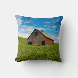 Coussin Vieille grange rouge dans un champ de pois chiches