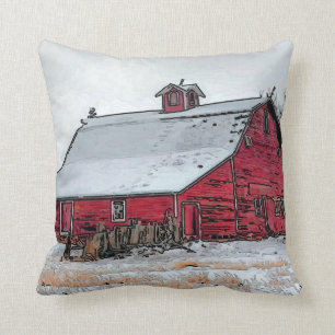 Coussin Vieille Grange Rouge En Neige