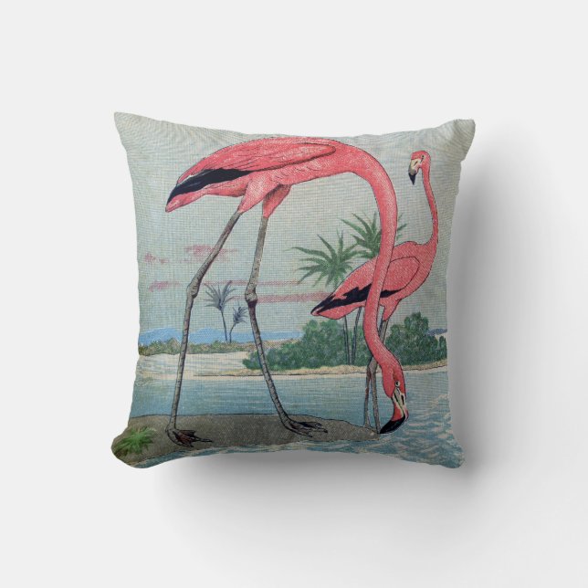 Coussin Vieille peinture de flamant tropical rose bleu (Recto)