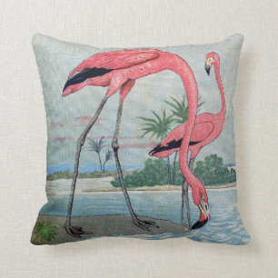 Coussin Vieille peinture de flamant tropical rose bleu
