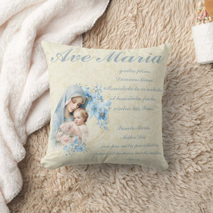Coussin Vierge catholique Marie Jésus Bleu Floral Ave Mari